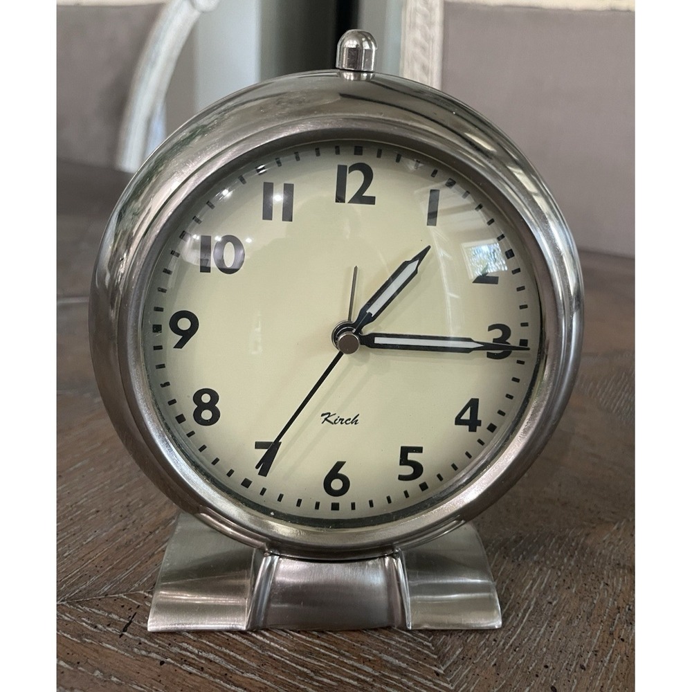 EUC Kirch Analog Silver Desktop Alarm Clock Battery‎ Operated Works Vtg Style